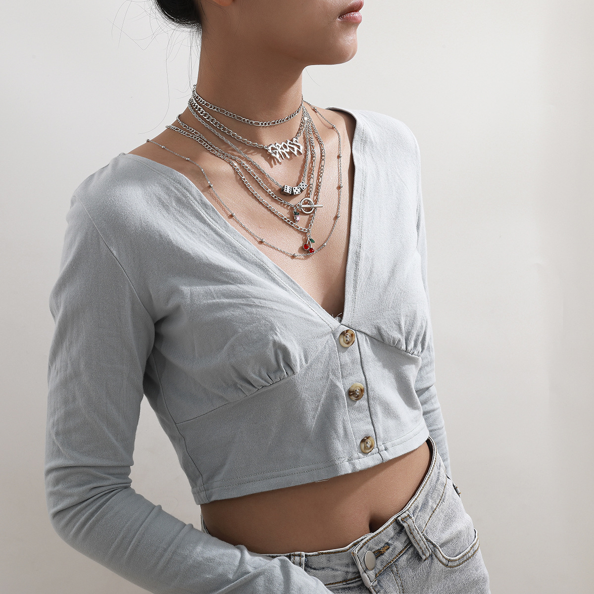 European and American cross-border jewelry, multi-element and multi-layer dice necklace, exaggerated letter cherry necklace set for women Specification drawing
