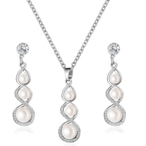 Cross-border best-selling diamond-encrusted pearl jewelry set, women's fashionable and elegant geometric flower water drop necklace and earring set Item Picture