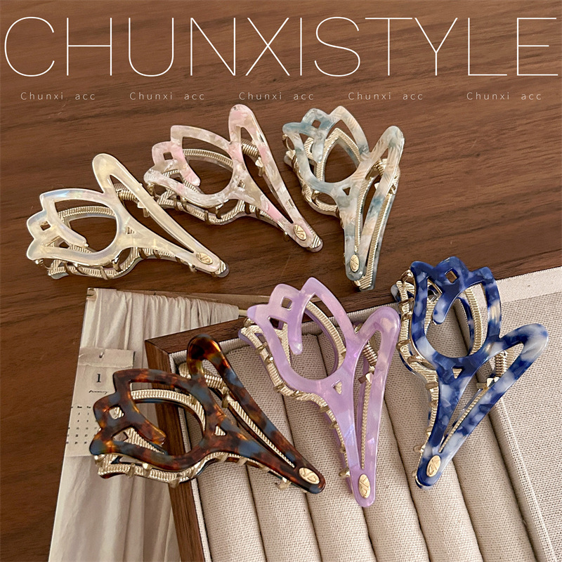 Elegant and refined tulip hairpin for women, 2025 new style, with a niche design at the back of the head, high-end shark clip Specification drawing