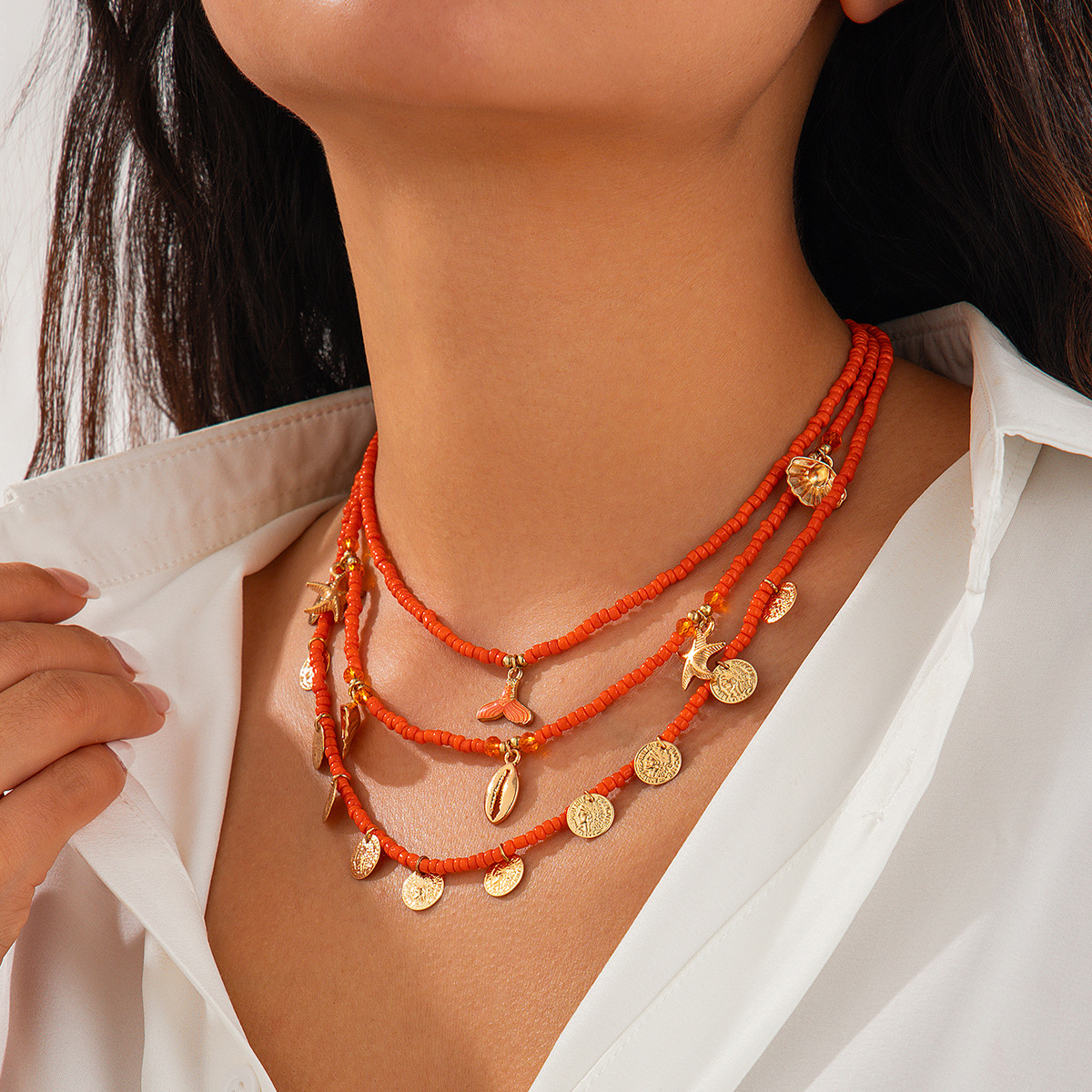 European and American cross-border jewelry, personalized style mermaid tassel pendant necklace set, niche alloy multi-layer collarbone chain details Picture