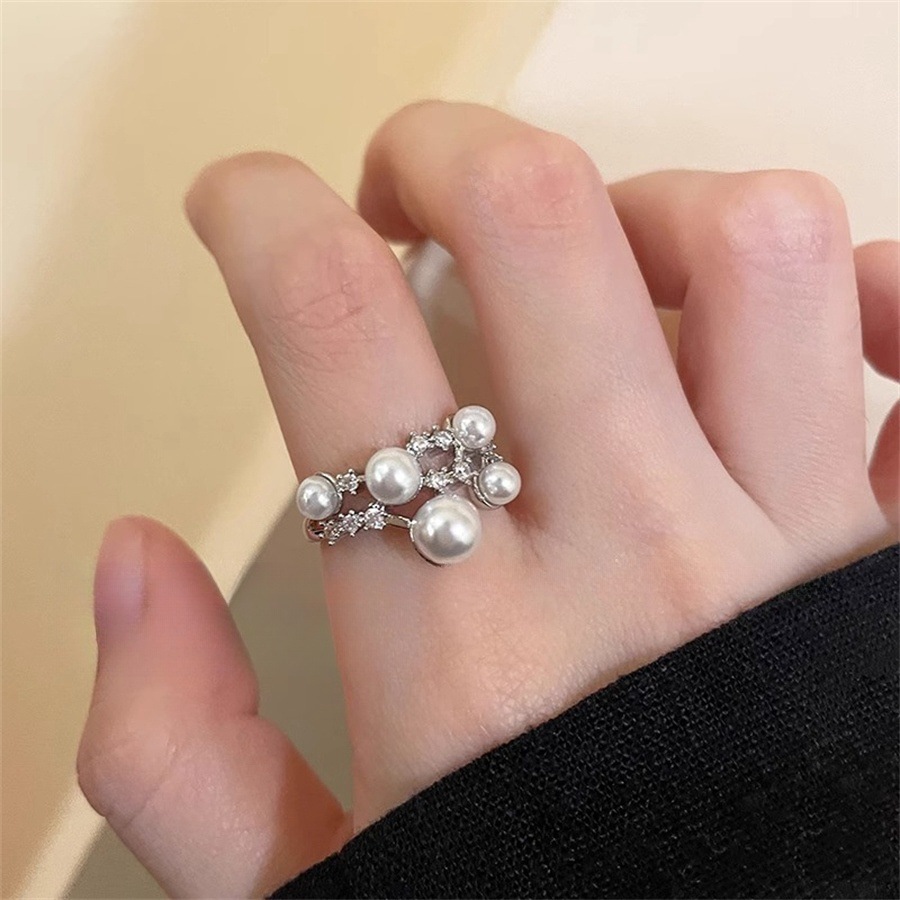 Meteor Pearl Zircon open ring for women's autumn and winter cold and elegant quality index finger ring, light luxury, niche and high-end ring full figure