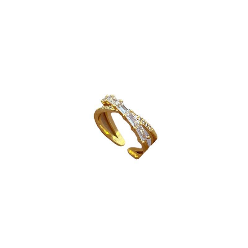 【 Real gold electroplated 】 Open ring with crossed full diamonds, unique ring, index finger ring, the same style as Internet celebrities, simple and cold style Item Picture