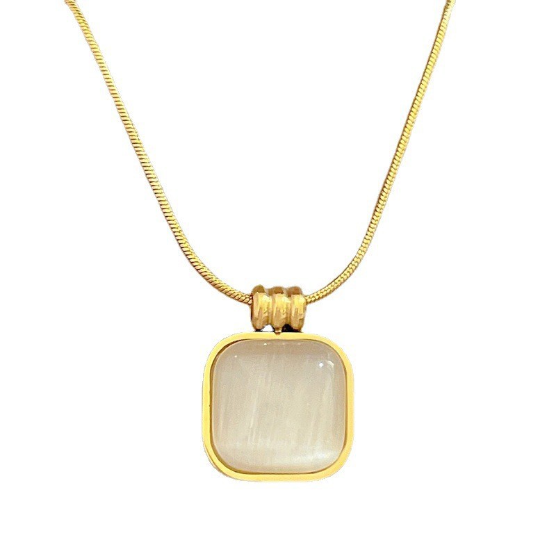【 All-titanium Steel 】 Square cat's eye stone minimalist style furnace, real gold necklace, female Instagram influencer collarbone chain accessory Item Picture