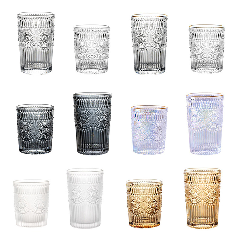Ins-style sunflower water cup, retro relief glass cup, women's coffee cup, popular cold drink cup, golden edge household cup Item Picture