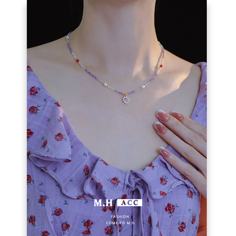 New Chinese-style fashionable, retro and exquisite amethyst heart-shaped beaded necklace, light luxury, niche and high-end collarbone chain for women full figure