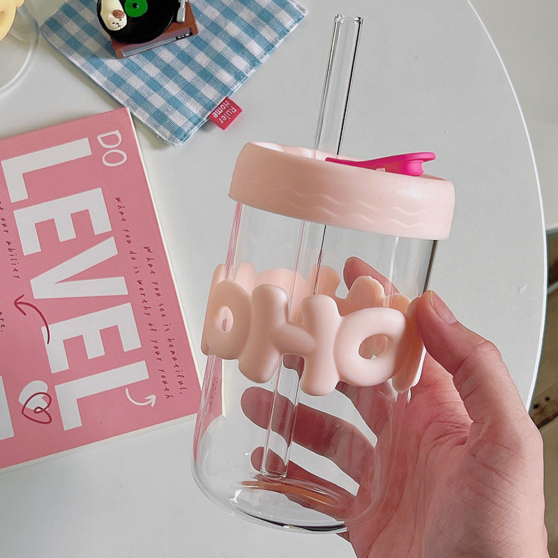 Bolimei ins large-capacity glass straw cup, simple cup with lid, milk cup, coffee cup, girlish water cup details Picture