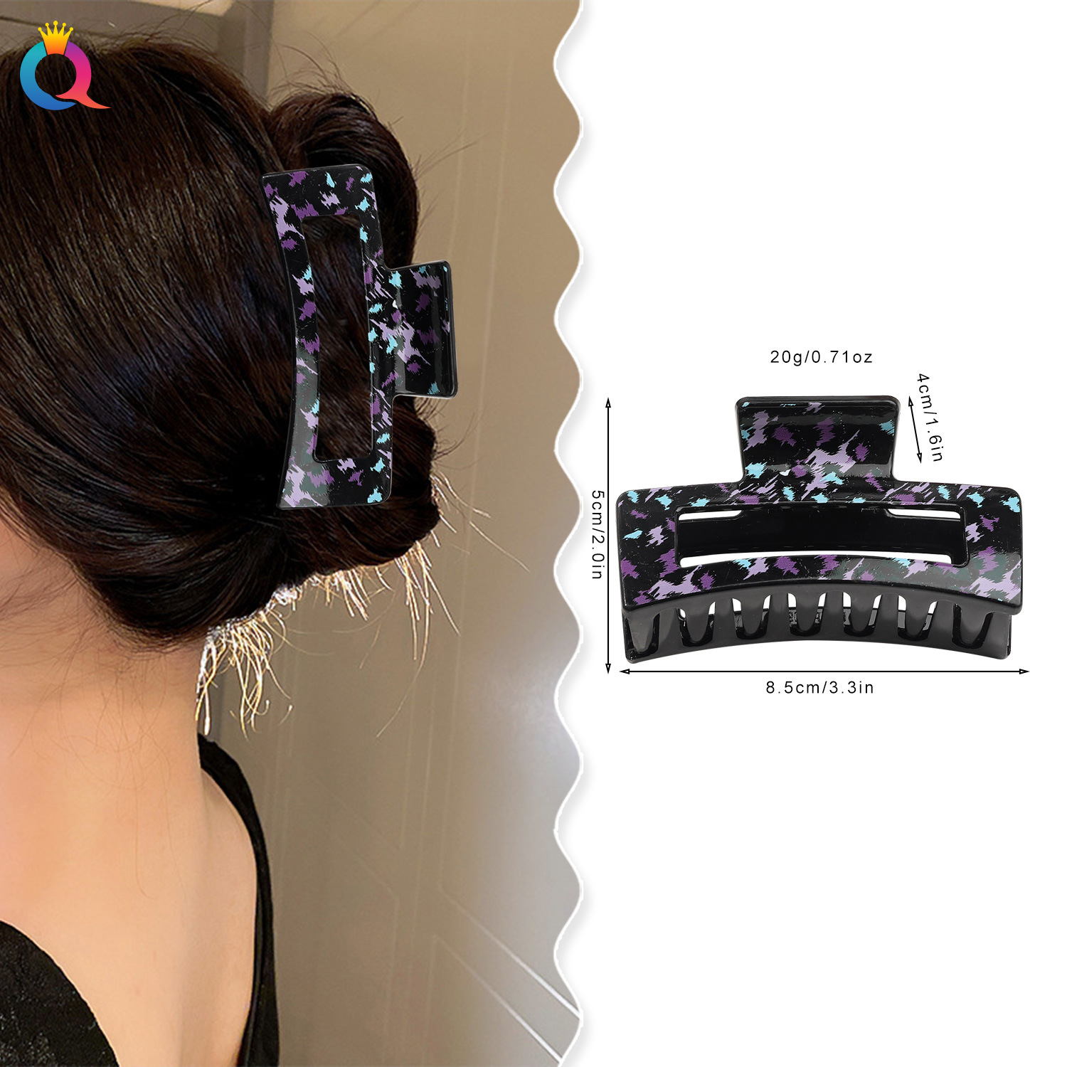 Wholesale of Qiyue Cross-border printed leopard Print square hair clips, women's sketch coiled hair clips, shark clips at the back of the head, hair accessories details Picture