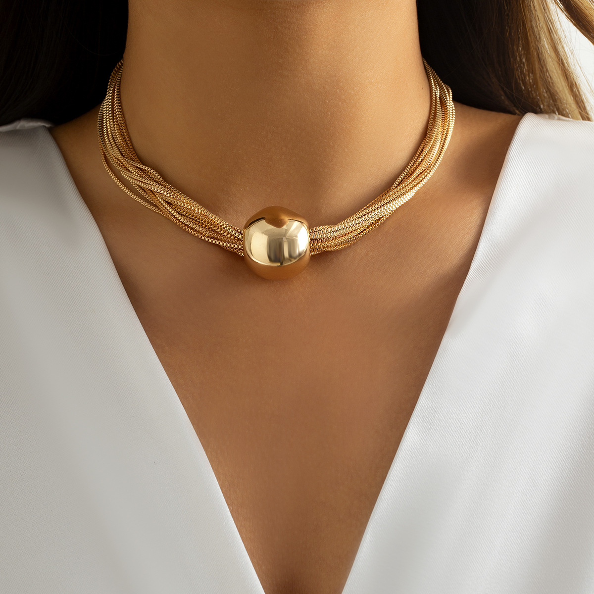 Cross-border exaggerated punk multi-layer chain layering necklace, simple and niche geometric round ball personalized necklace choker full figure