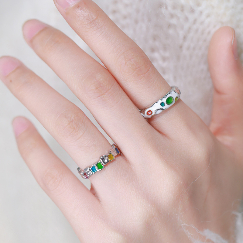Irregular square, colorful drip glaze, niche design, open ring, women's Instagram, cold style, high-end style, food ring trend full figure