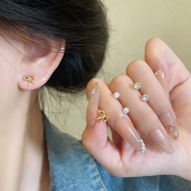 Korean style elegant bow pearl stud earrings, fashionable, exquisite and small six-piece set earrings, high-end earrings wholesale details Picture