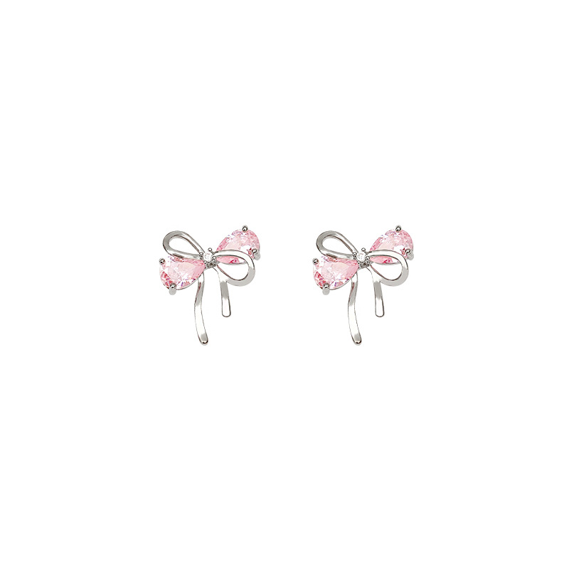 925 Silver Needle Super Sparkling pink Zircon bow earrings, a trendy and high-end design accessory for women on Instagram, a popular online celebrity Item Picture