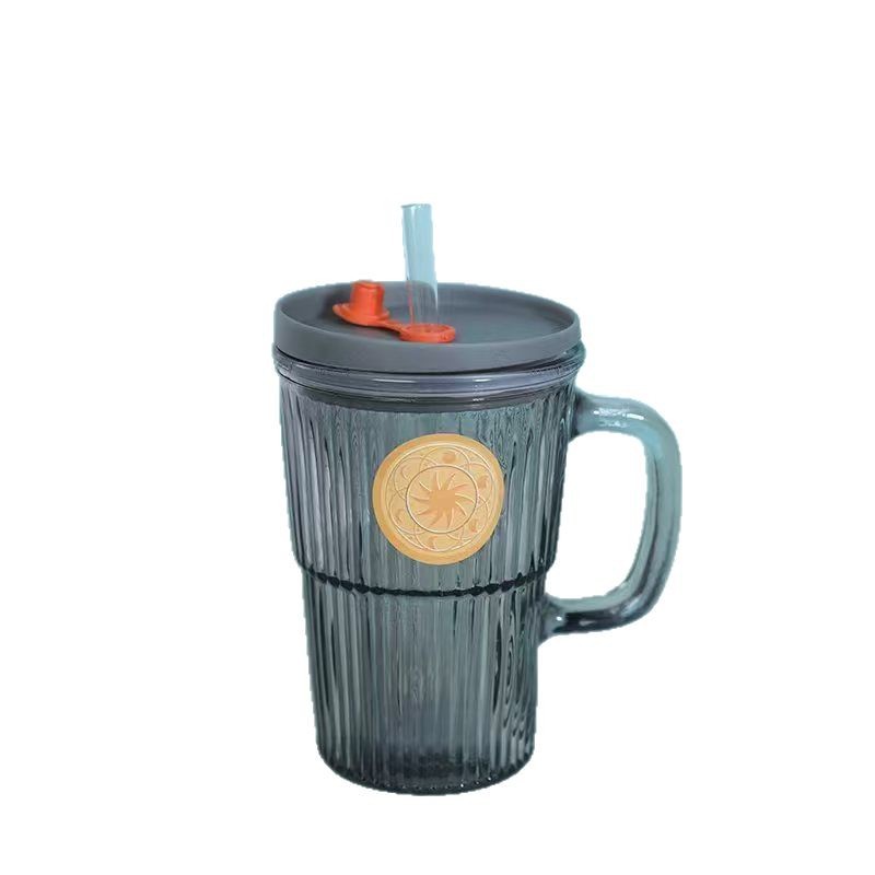 Transparent ins glass water cup with handle, high appearance level, women's summer juice drink cup, striped covered straw cup Item Picture