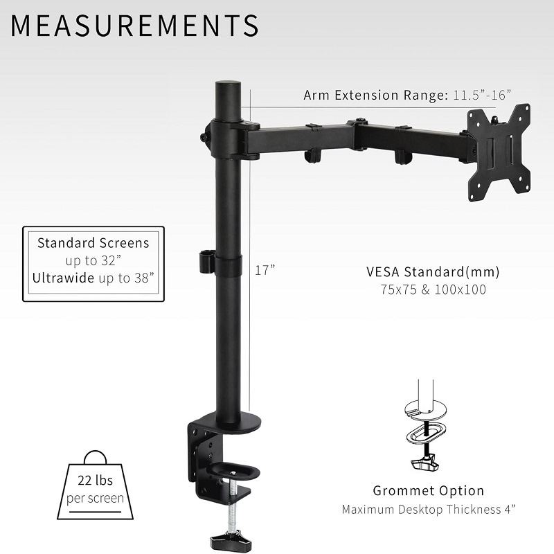 The single monitor arm desktop stand can accommodate a regular screen of up to 32 inches with clamps and perforations details Picture