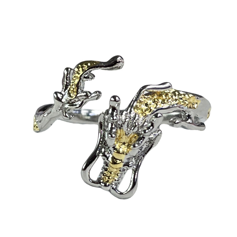 A unique and niche design, a two-color open ring in the shape of a dragon, with an irregular texture and a heart-shaped personality. It's a punk couple's ring Item Picture