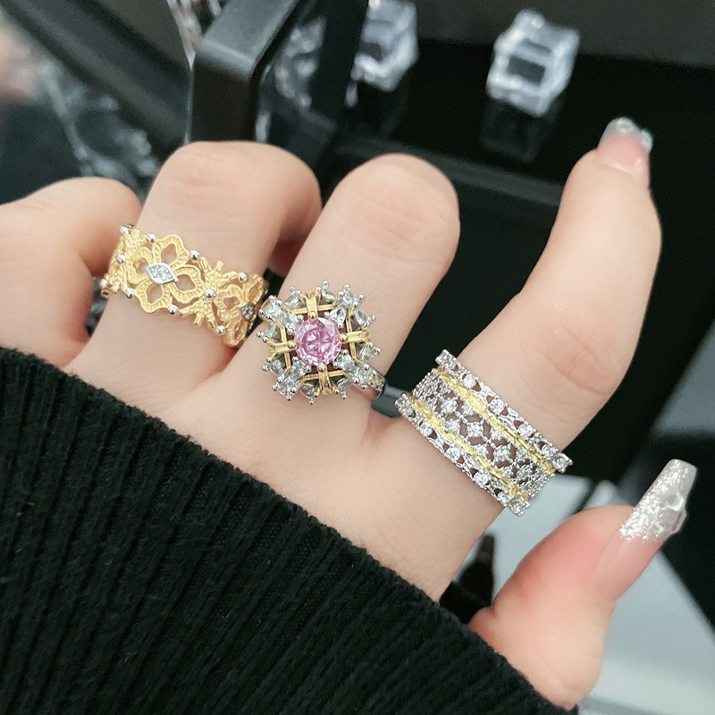 Court-style two-tone retro lace openwork pattern open ring for women on Instagram, cold style, versatile, sweet and cool ring trend full figure