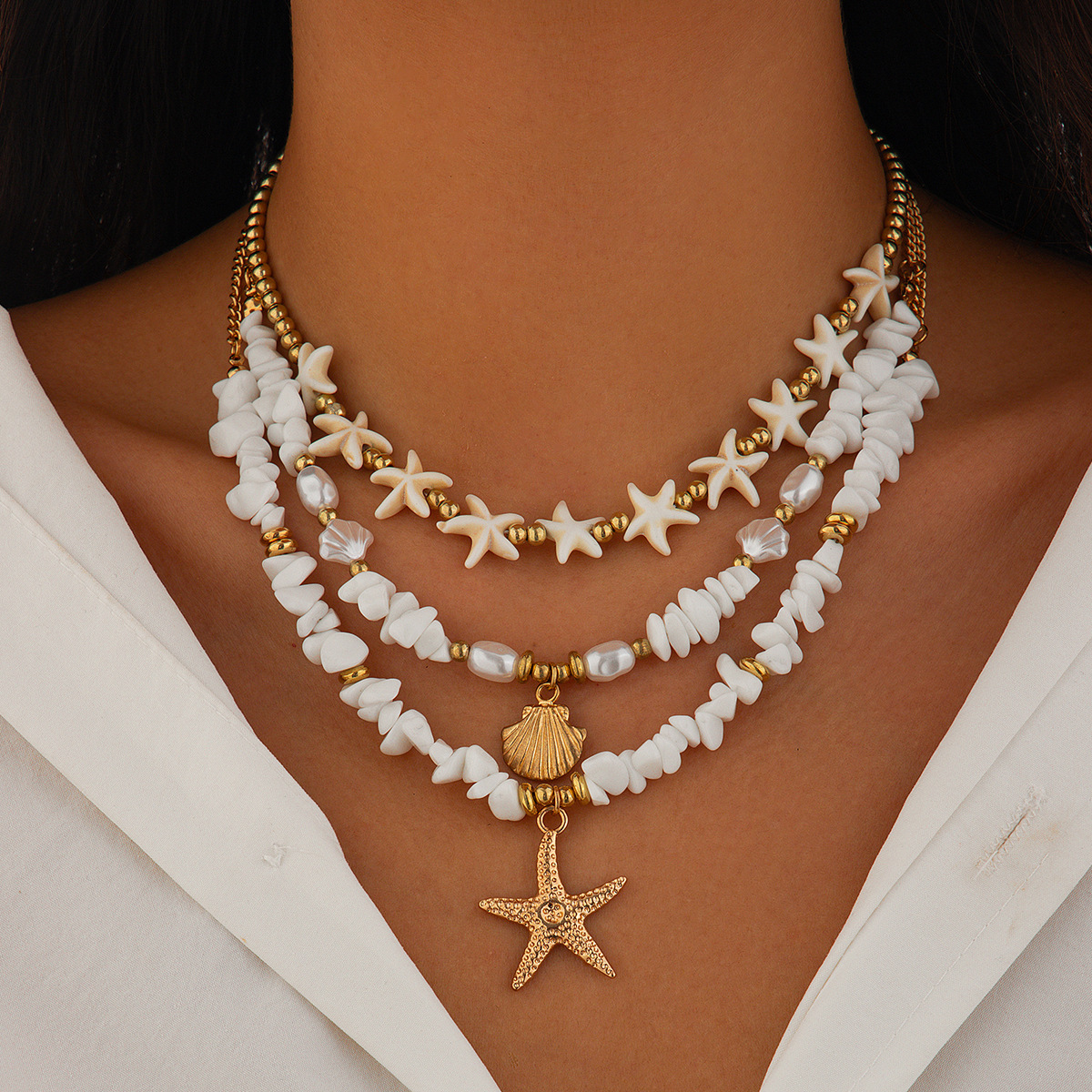 European and American cross-border jewelry, vacation-style shell beaded collarbone chain, beach alloy imitation pearl multi-layer starfish necklace details Picture
