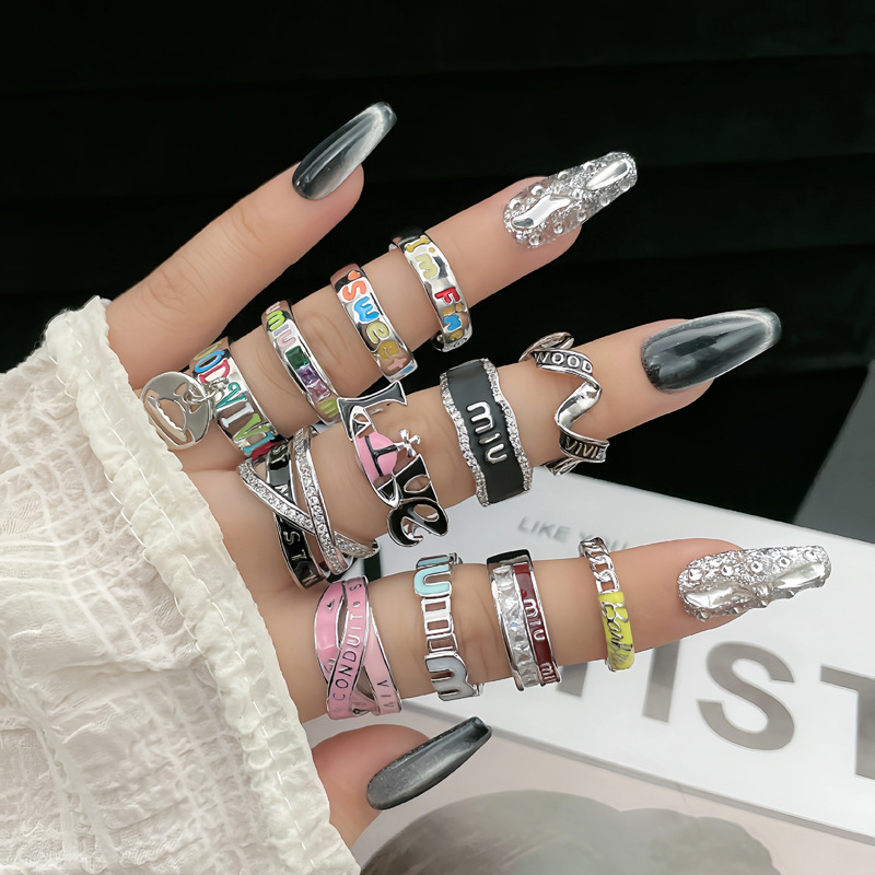 Punk personality letter color drip glaze open ring, sweet, cool and fashionable design sense, delicate and simple ring for hot girls details Picture