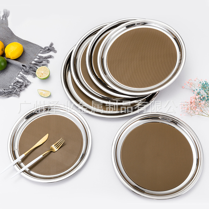 Stainless steel circular mirror plate hotel restaurant tray, tea plate, fruit salad shiny plate, can be equipped with anti-slip pad details Picture