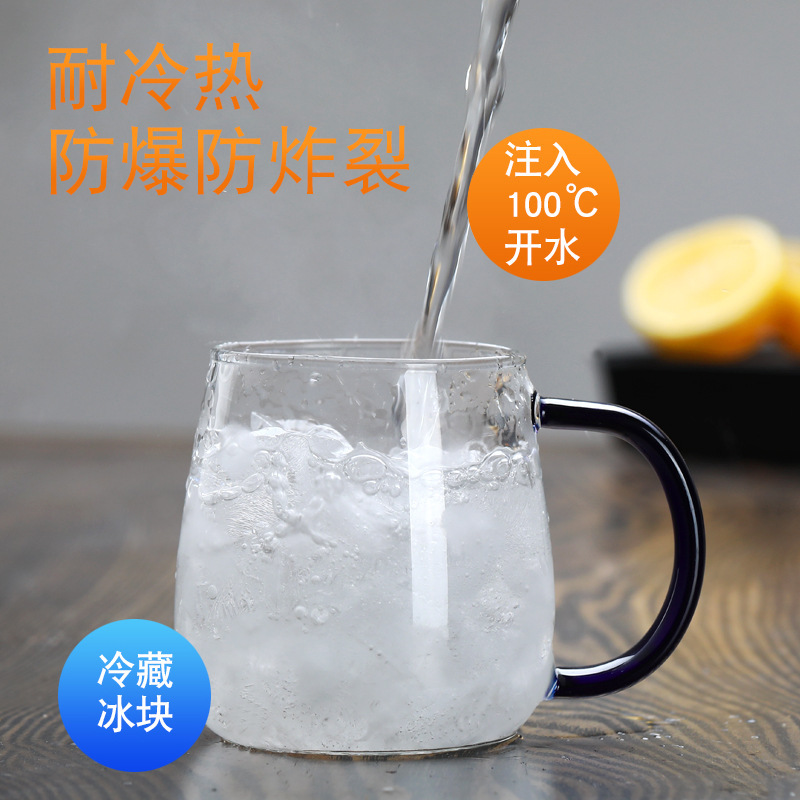 Simple office glass tea cups, transparent water cups, high borosilicate glass cups, single-layer cups, mushroom cups, glass cups with handles Application Scenario