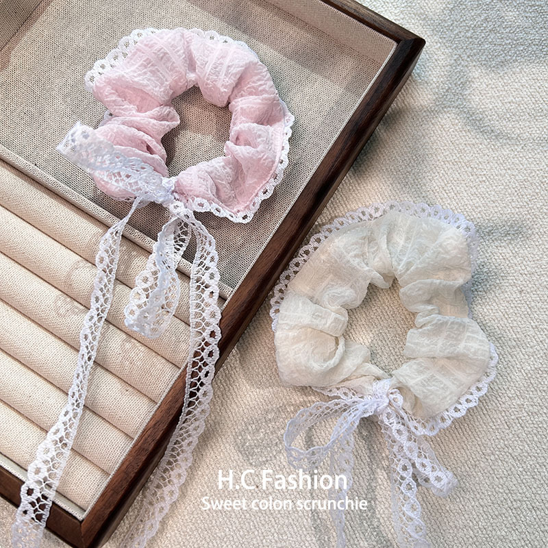 Korean-style super fairy-like bow, large intestine hair band, sweet and high-end lace-trimmed ribbon, tulle hair tie headwear details Picture