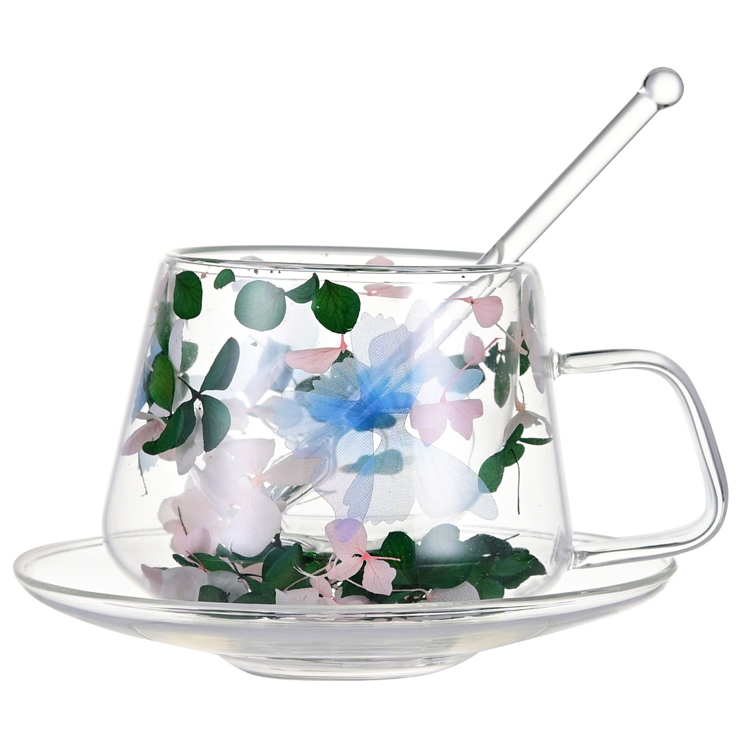 Double-layer dried flower coffee cup with glass, high appearance level, small size with spoon, light luxury household water cup, creative double-layer cup Item Picture