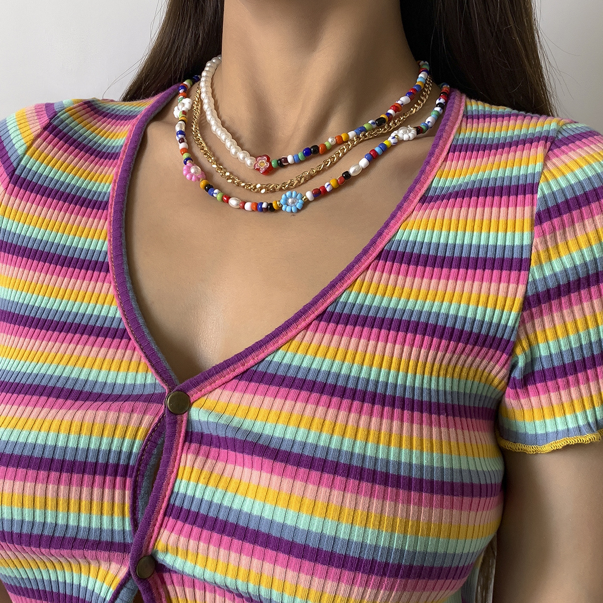 European and American cross-border jewelry, sweet and cool style color-blocking beaded metal chain necklace, ethnic style rice bead set necklace Specification drawing
