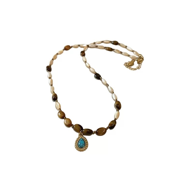 Instagram niche beaded Meillard turquoise handcrafted beaded stone necklace, Korean version of the blogger's commuting collarbone chain Item Picture