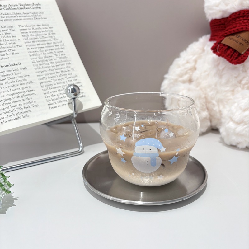 Cross-border homemade Ins-style Christmas snowman glass cup, glass cold brew coffee cup, glass juice drinking cup Specification drawing