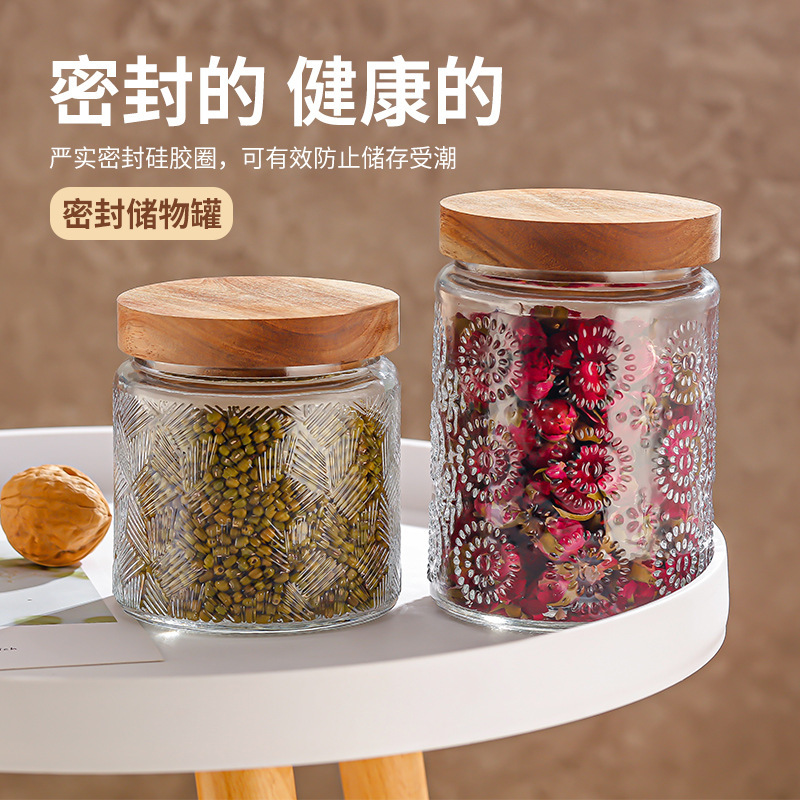 Retro crabapple flower relief cup, candle carved glass bottle, candle cup handicraft glass cup, dried fruit savings jar details Picture