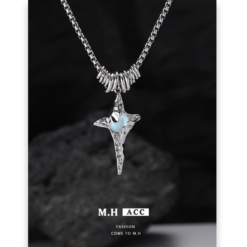 Moonstone four-pointed star necklace for women, cross-border exquisite design, sweet and cool style sweater chain wholesale, niche high-end neckchain full figure