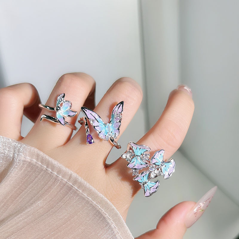 French dreamy purple gradient irregular butterfly opening ring, a sweet and fashionable floral ring with a feminine charm details Picture