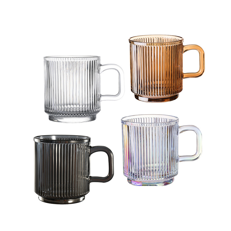 Douyin vertical striped coffee cup, straight thickened household glass handle cup, glass water cup, cold brew latte cup with handle Item Picture