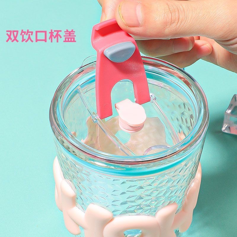 Colorful ins high-appearation-level glass water cup, large-capacity high-temperature resistant girl letter cup with lid, cold brew straw cup details Picture