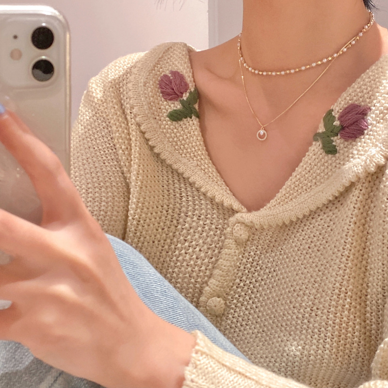 Zircon slightly inlaid double-layer pearl necklace for women, Korean light luxury niche design sense, versatile and elegant, chanel-style collarbone chain Specification drawing