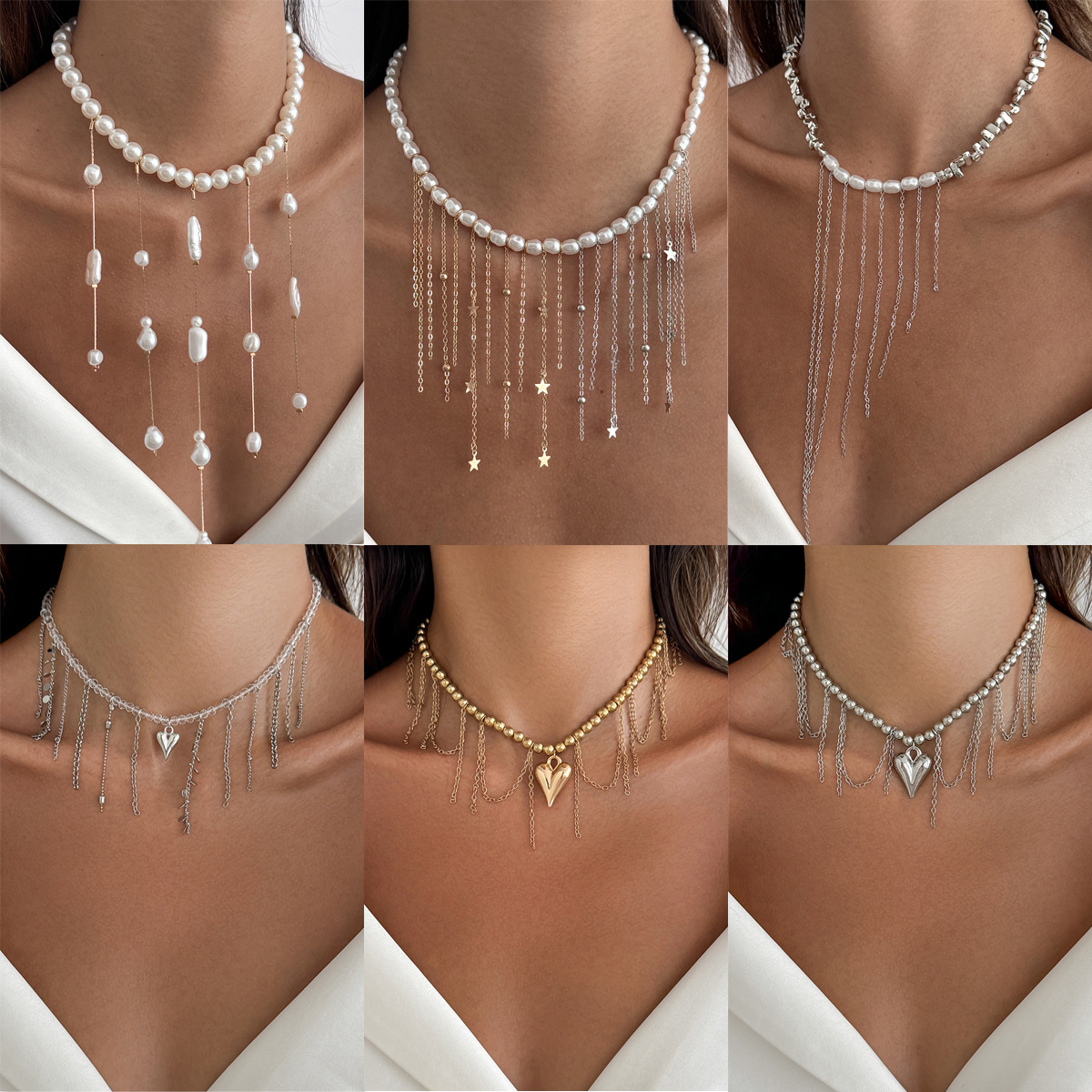 European and American cross-border jewelry, cream sweet girl style heart pendant necklace, elegant imitation pearl tassel chain, collarbone chain full figure