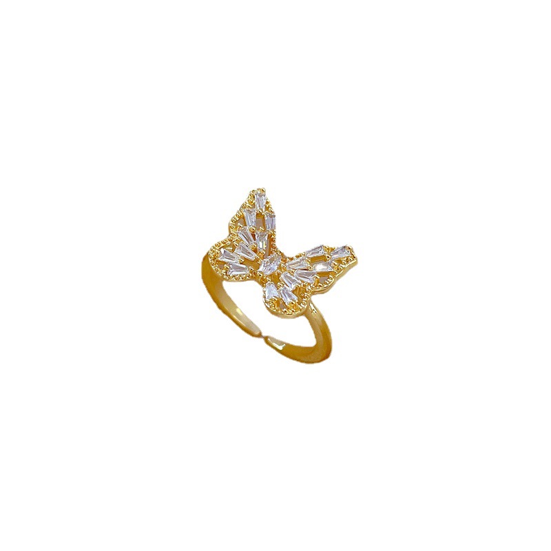 【 Real Gold electroplating 】 Open Heavy Industry Butterfly Fashion Micro-inlay Light Luxury Ring Index finger Ring, the same style as Internet celebrities, cold style Item Picture