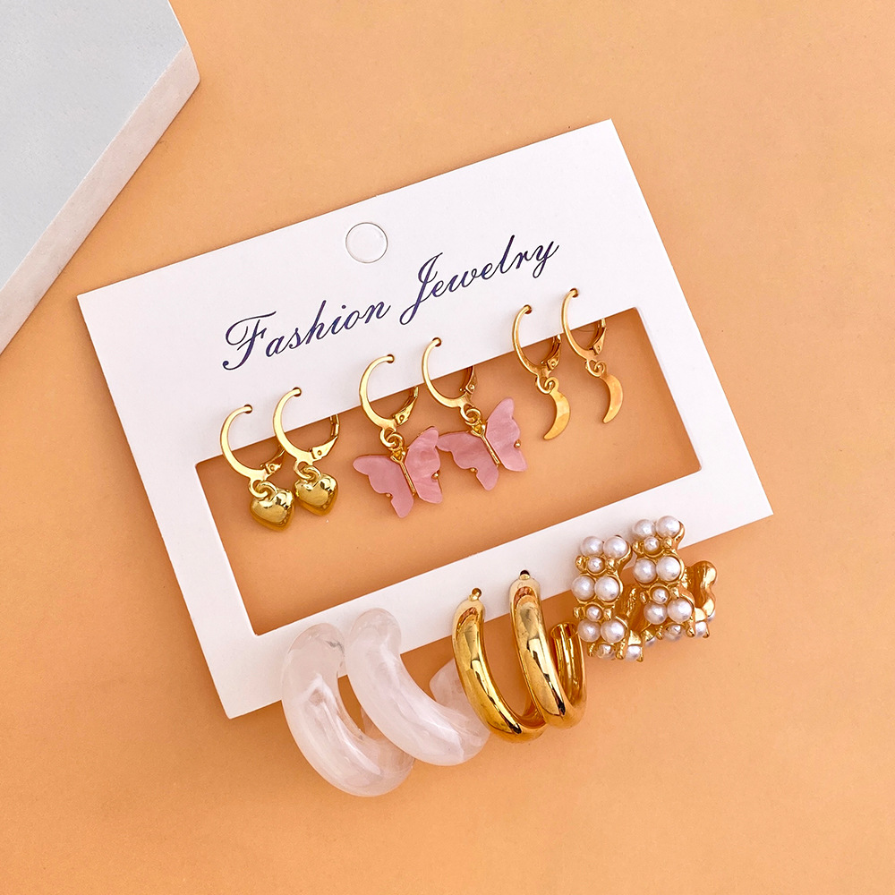 Korean jewelry World Cross-border Ear Ring Retro Pearl Earring Set 6-piece acrylic butterfly pendant earrings HZS2386 Specification drawing