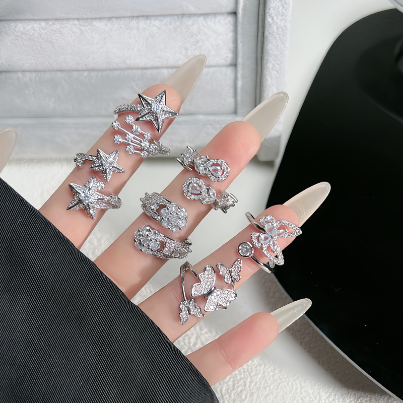 Cross-border micro-set super fairy full diamond dazzling butterfly ring, escaping princess, niche fashion, heavy industry, high-end and versatile ring Specification drawing