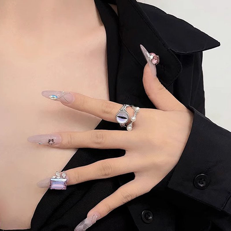 A niche dark style double-layer cat's eye pearl ring women's ins set, a niche cold style high-end open ring Specification drawing