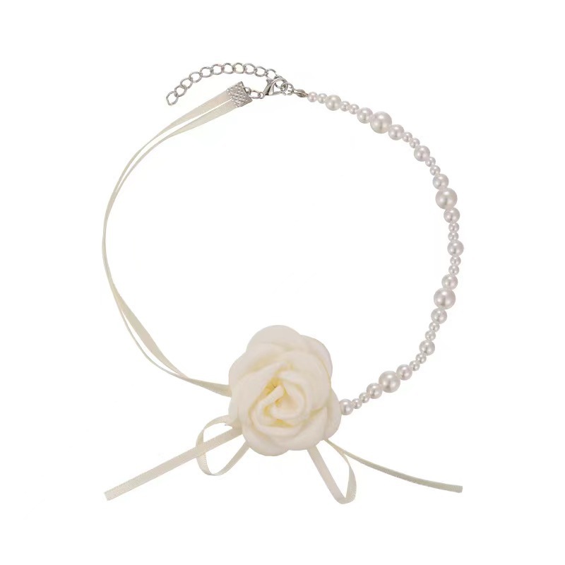 Camellia pearl necklace for women, choker collarbone chain spliced, light luxury and niche flower neck chain, neck accessory Item Picture