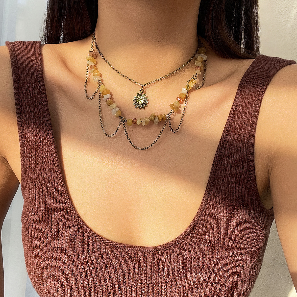 New Chinese-style retro moon zircon necklace, mint wavy style, green leaf sweet and cool layered necklace, cross-border accessories from Europe and America Specification drawing
