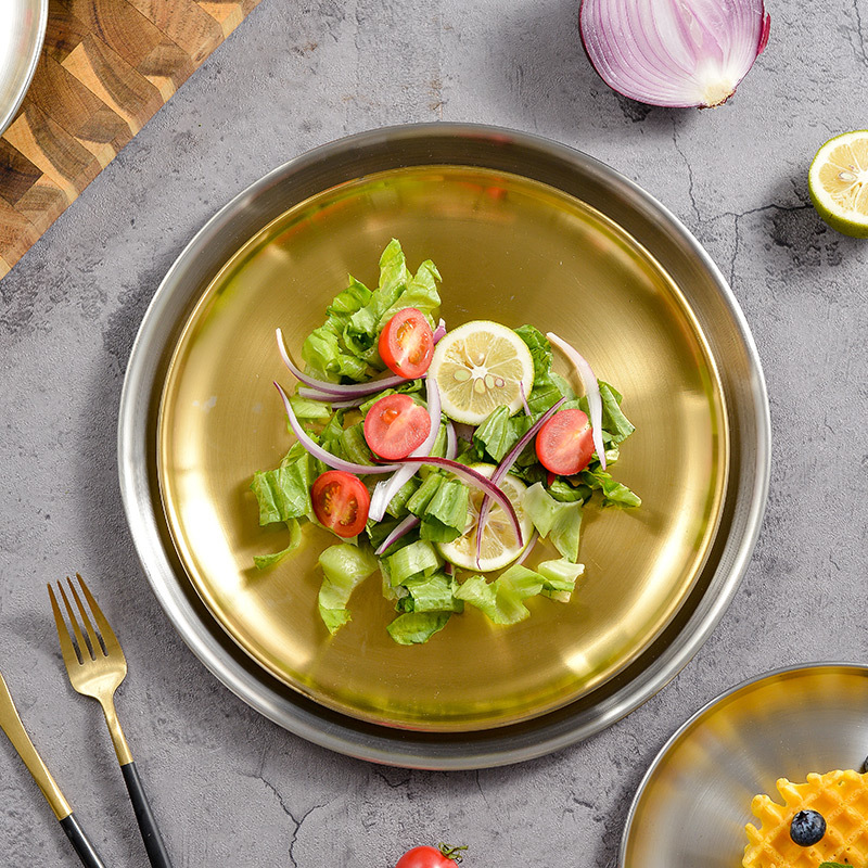Thickened golden single-layer round dessert plate, Western cuisine plate, outdoor camping barbecue plate, Korean stainless steel barbecue plate details Picture