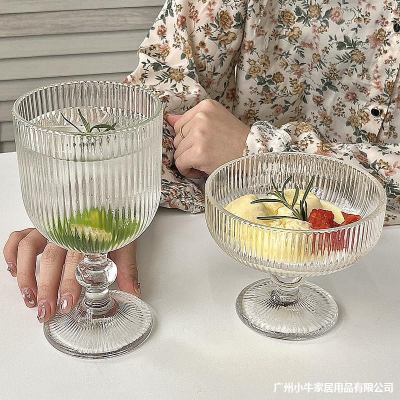 Retro InS-style vertical patterned tall leg ice cream cup, glass dessert cup, ice cream cup, striped tall leg glass water cup Application Scenario