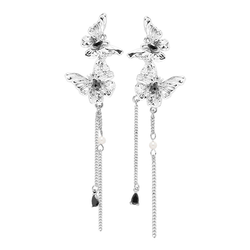 Obsidian butterfly earrings, tassels, high-end style, original cold style earrings, women's fashionable and exquisite stud earrings wholesale Item Picture
