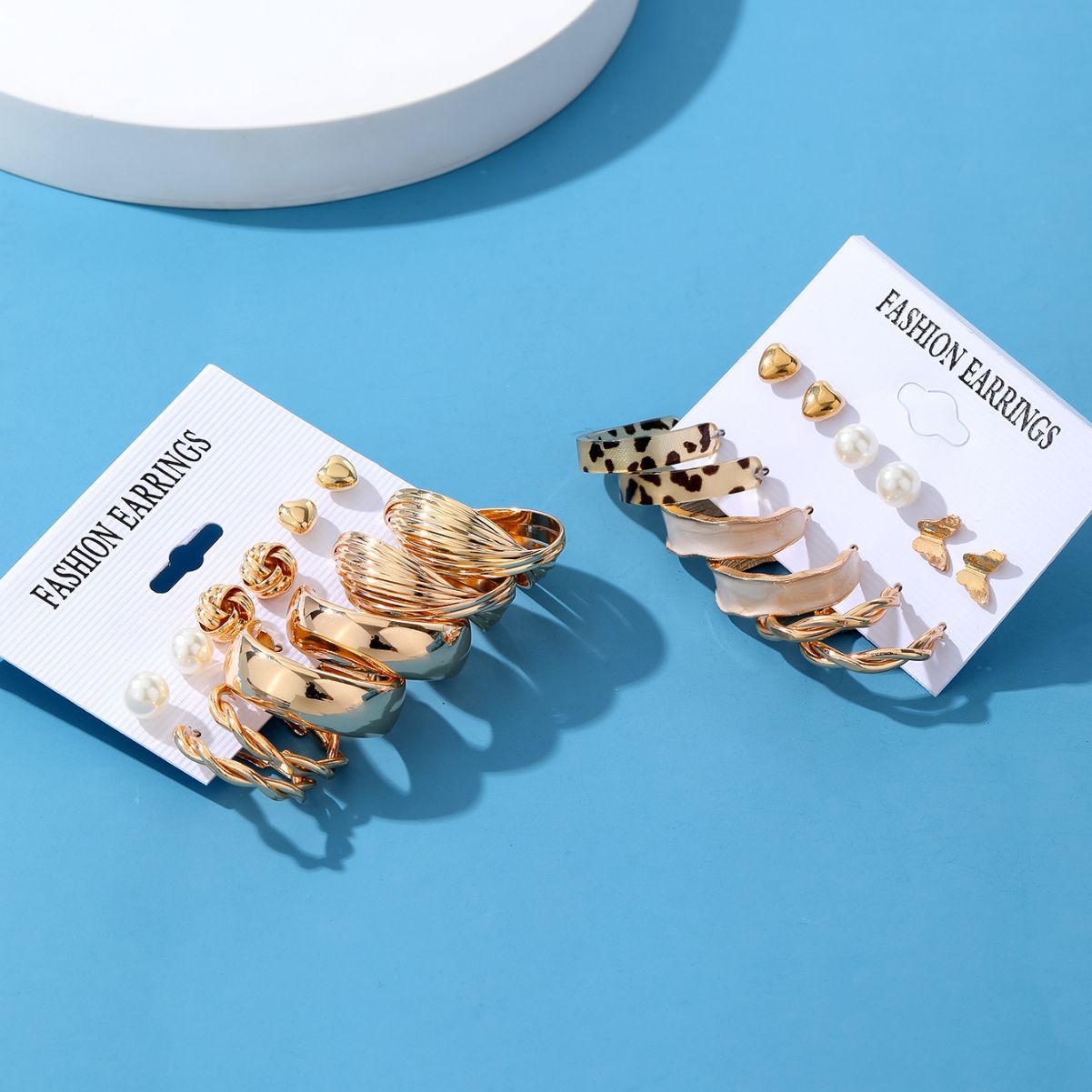 A new cross-border leopard print multi-layer geometric circle butterfly heart stud vintage wrapped pearl earring set of 6 pieces Application Scenario