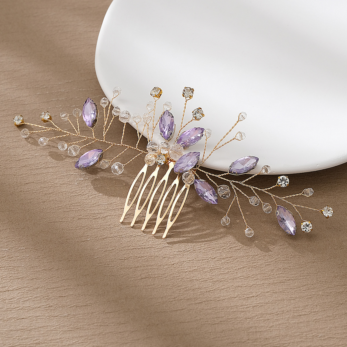 New Chinese-style Xiuhe clothing and hair accessories, retro handcrafted crystal five-toothed comb, children's performance bun, purple water diamond comb details Picture