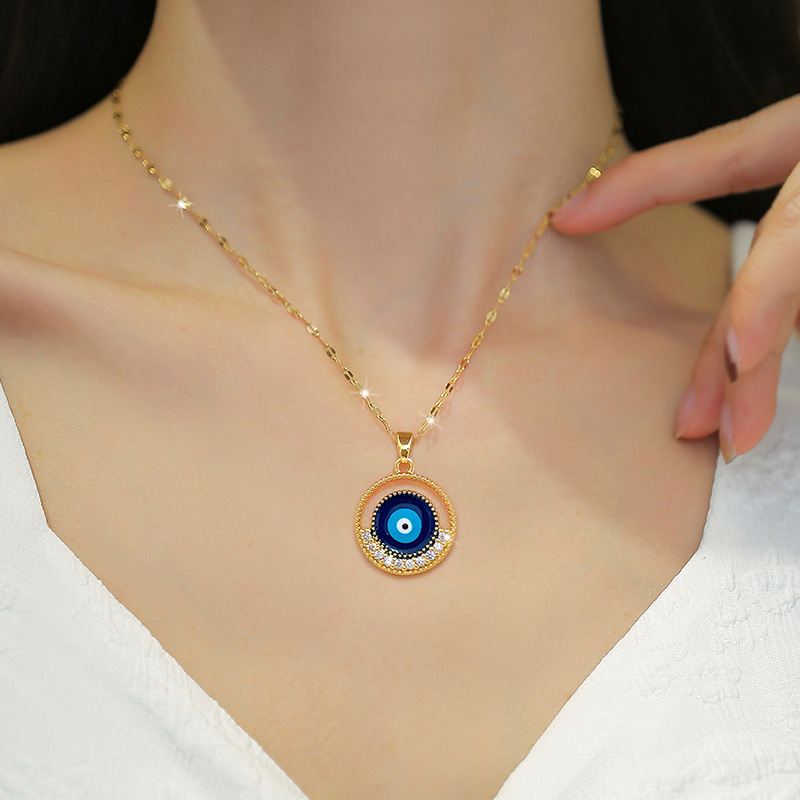 【 Titanium Steel 】 Circular eye light luxury Cross-border banquet wedding necklace, versatile collarbone chain for female Internet celebrities, titanium steel chain details Picture