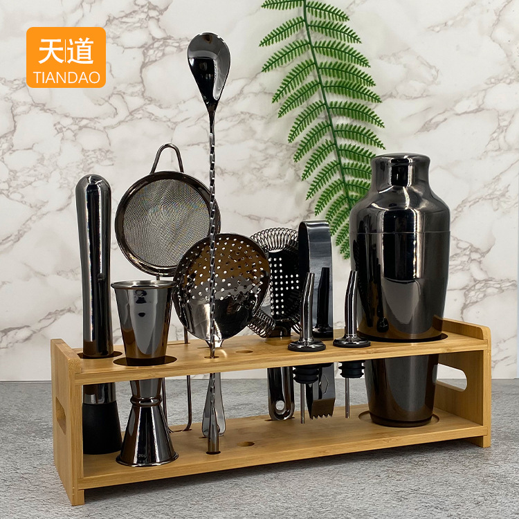 Cocktail tool set, bamboo and wood frame base cocktail shaker complete set, 304 stainless steel bar wine utensils, tools and supplies details Picture