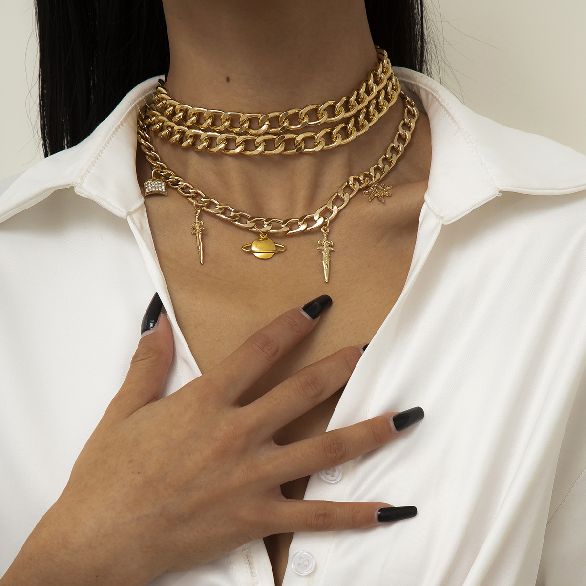 New European and American necklaces, cross-border tassel alloy multi-layer set necklaces, exaggerated street style sword pendant accessories for women details Picture