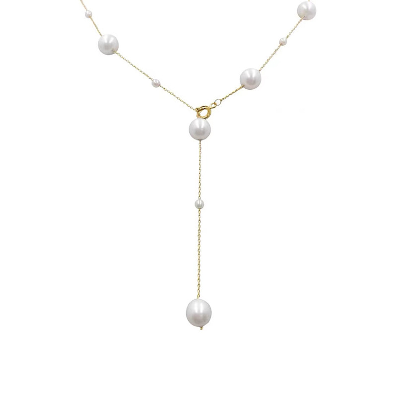"Starry Sky pearl beaded necklace, gentle Y-shaped fairy sweater chain, long style, niche hoodie chain wholesale. Item Picture